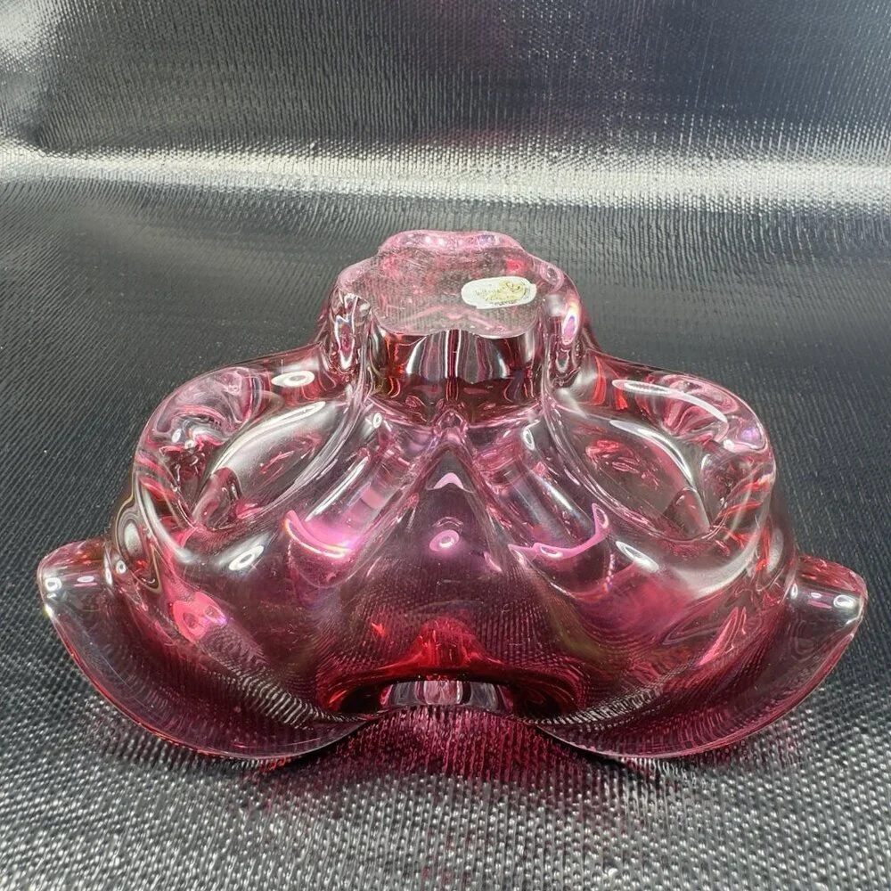 Hand Blown Bohemian Cranberry Art‎ Glass Dish Bowl Folded Edges Original Sticker